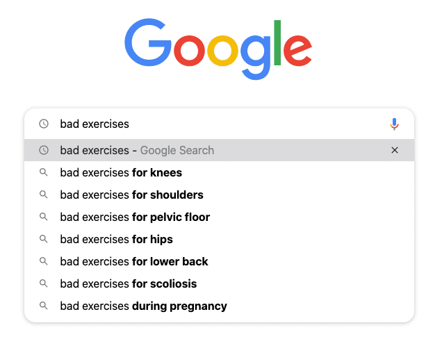 List of bad exercises from a Google search that are said to cause pain